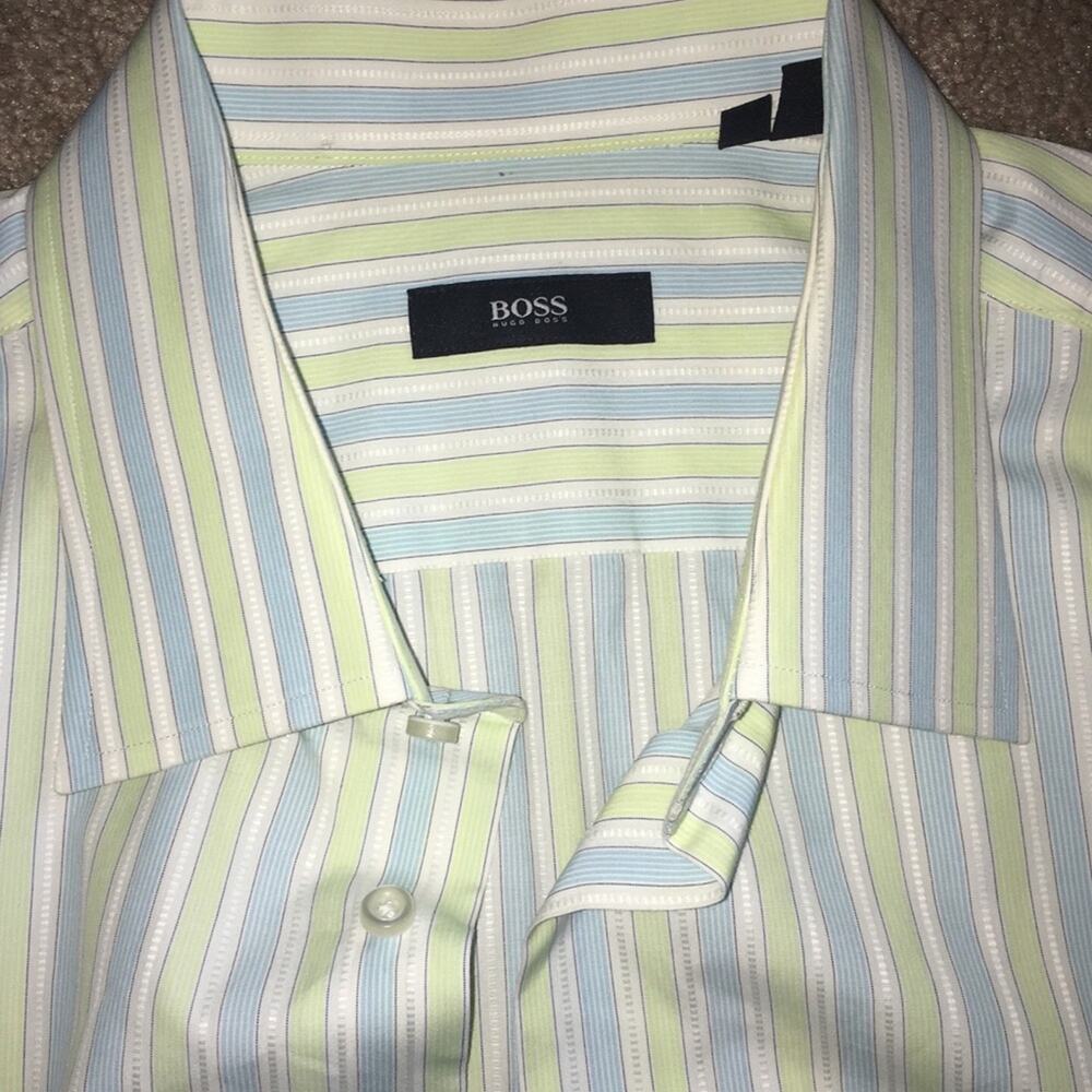 EUC Hugo Boss Pristine Long Sleeve Dress Shirt Blue Yellow Men’s Size 17 34/35